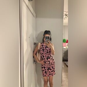 Divided Pink and Black Rose Midi Dress